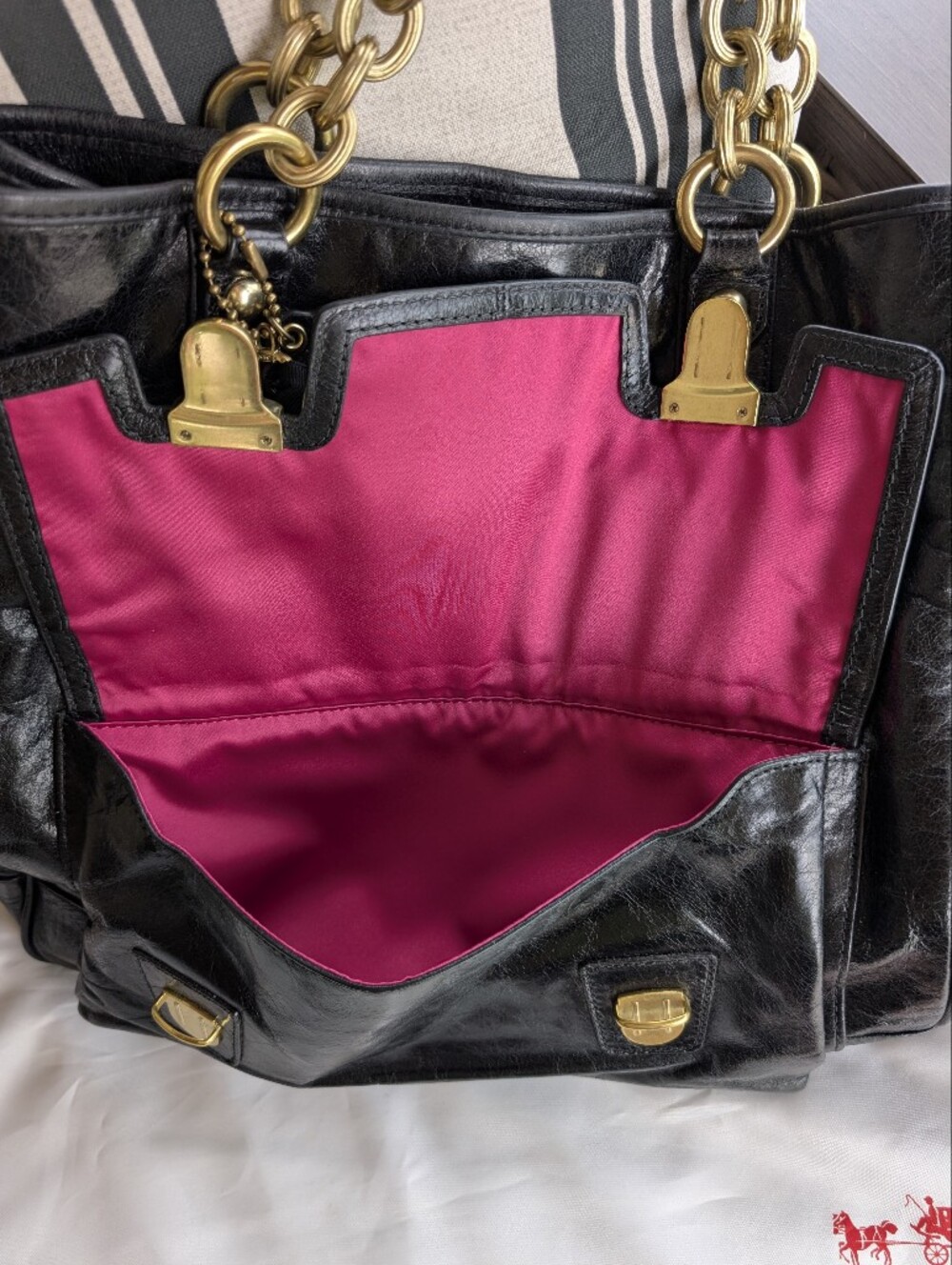 Coach Poppy Black Distressed Leather Chain Strap Tote Shoulder Bag Pink Lining - Picture 5 of 12